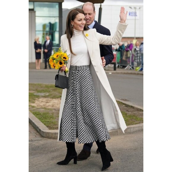 Zara Houndstooth A Line Tweed Midi Skirt Black White Button...